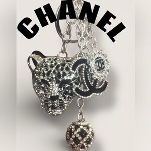 CHANEL CC (stamped & auth.) silver/blk charm & Panther Keychain/BagCharm. New.